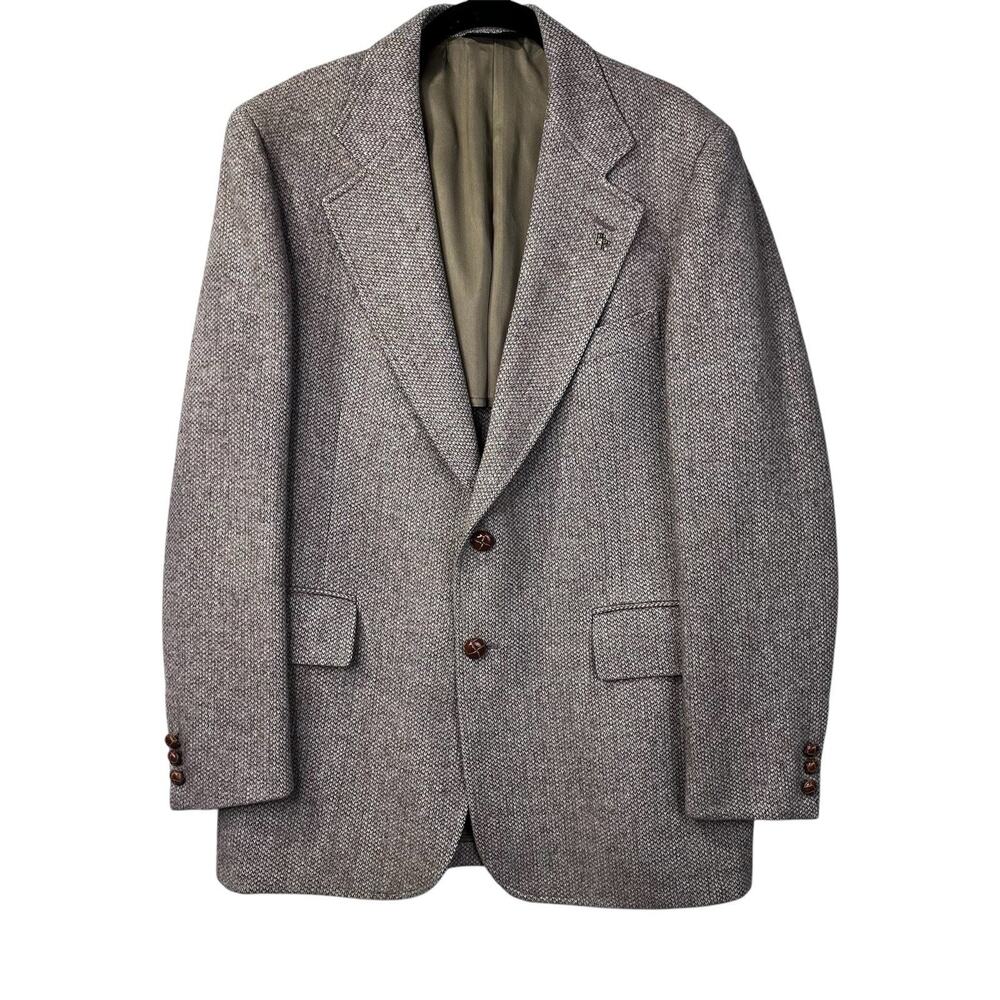 VTG Brown Tweed Wool Blazer Leather Buttons Men Sz 42 Cricketeer USA Union Made